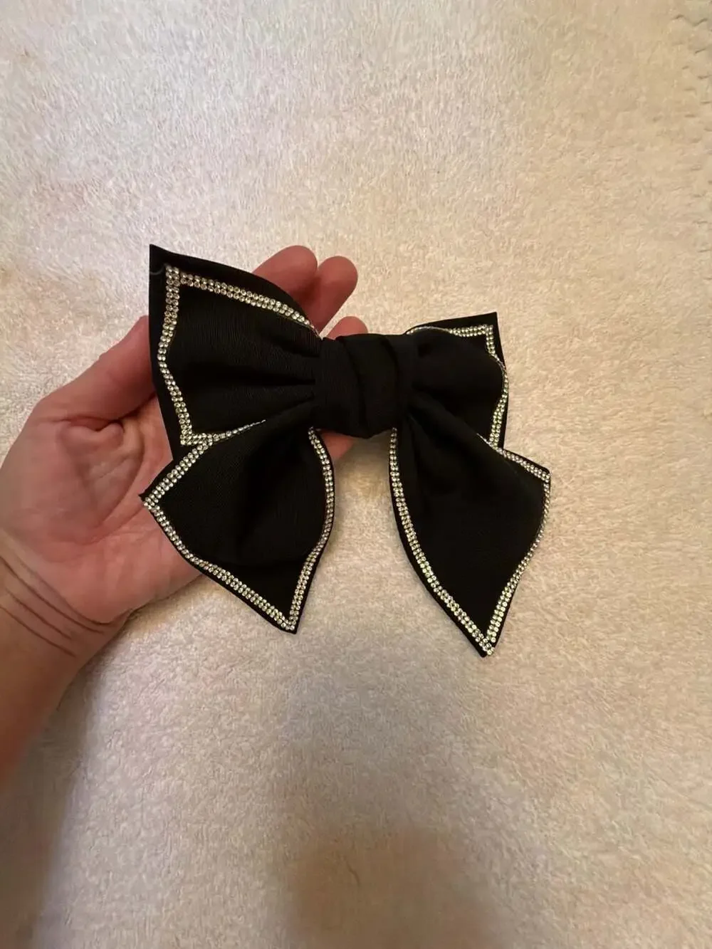 Black Fabric Rhinestone Trim Hair Bow Barrette Clip